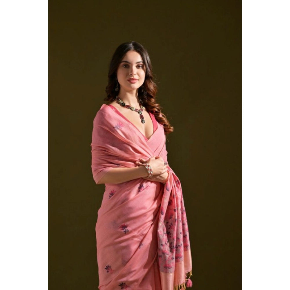 Women's Blended_Cotton Floral Saree With Unstitched Blouse 5.5Mtr (Pink)