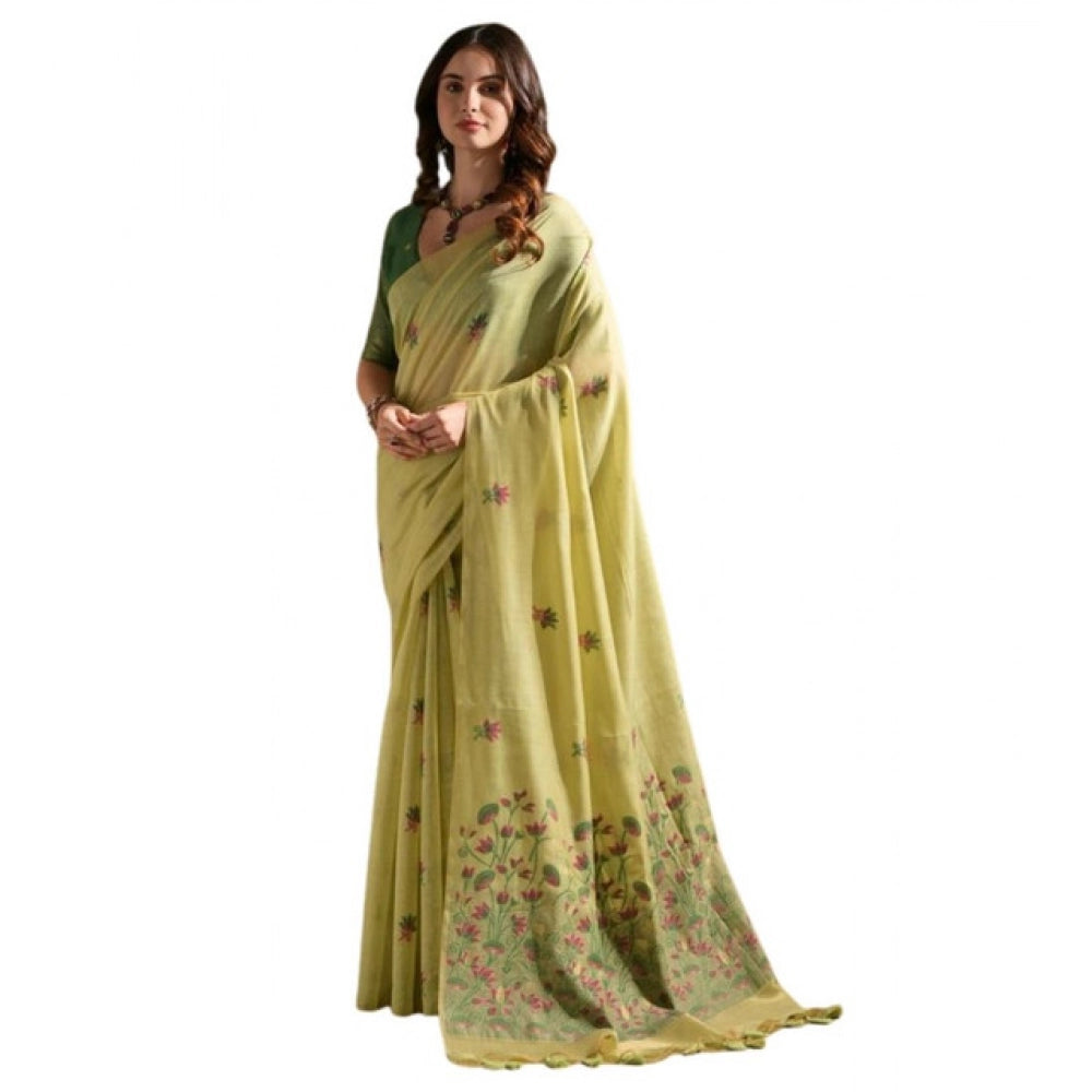 Women's Blended_Cotton Floral Saree With Unstitched Blouse 5.5Mtr (Light_Green)