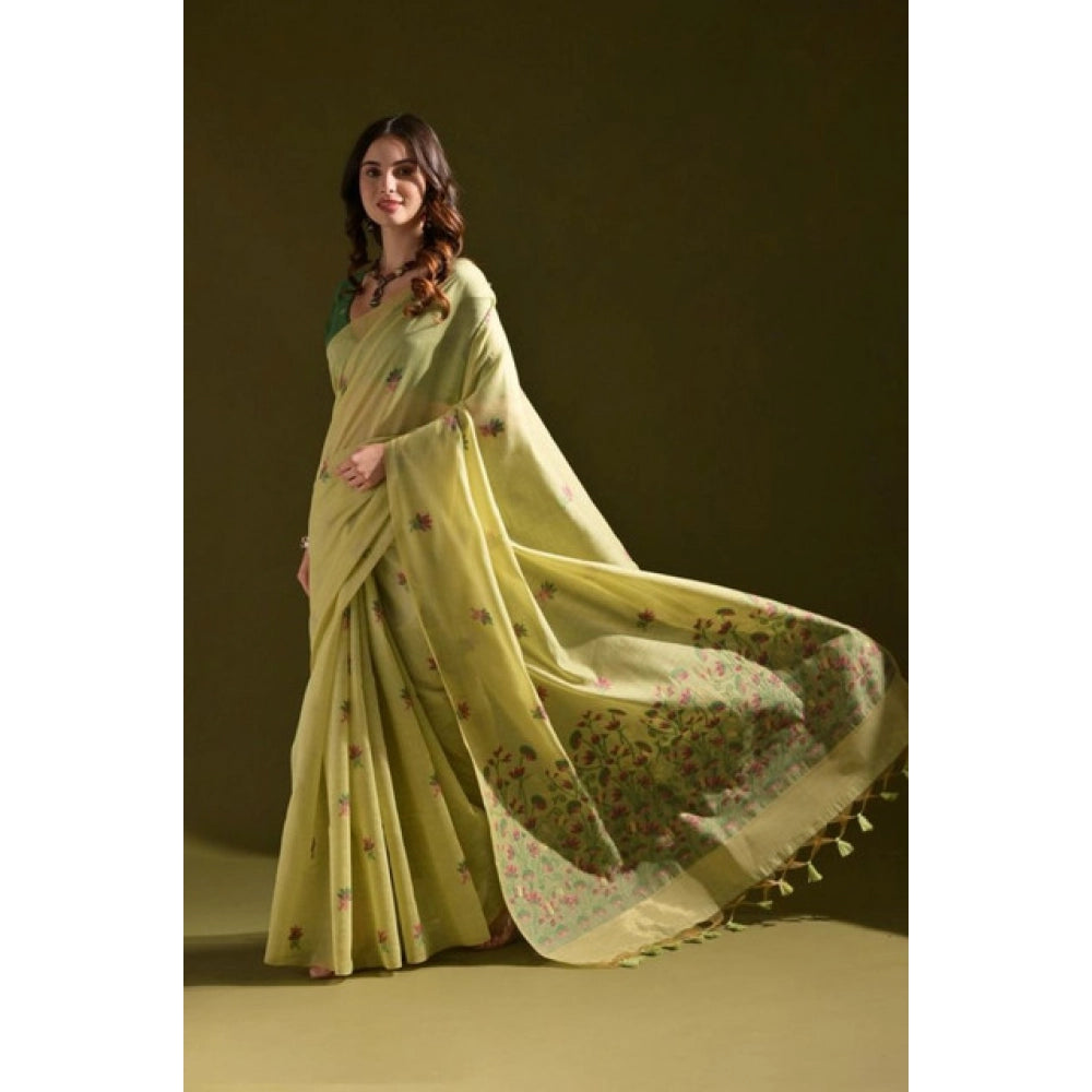 Women's Blended_Cotton Floral Saree With Unstitched Blouse 5.5Mtr (Light_Green)