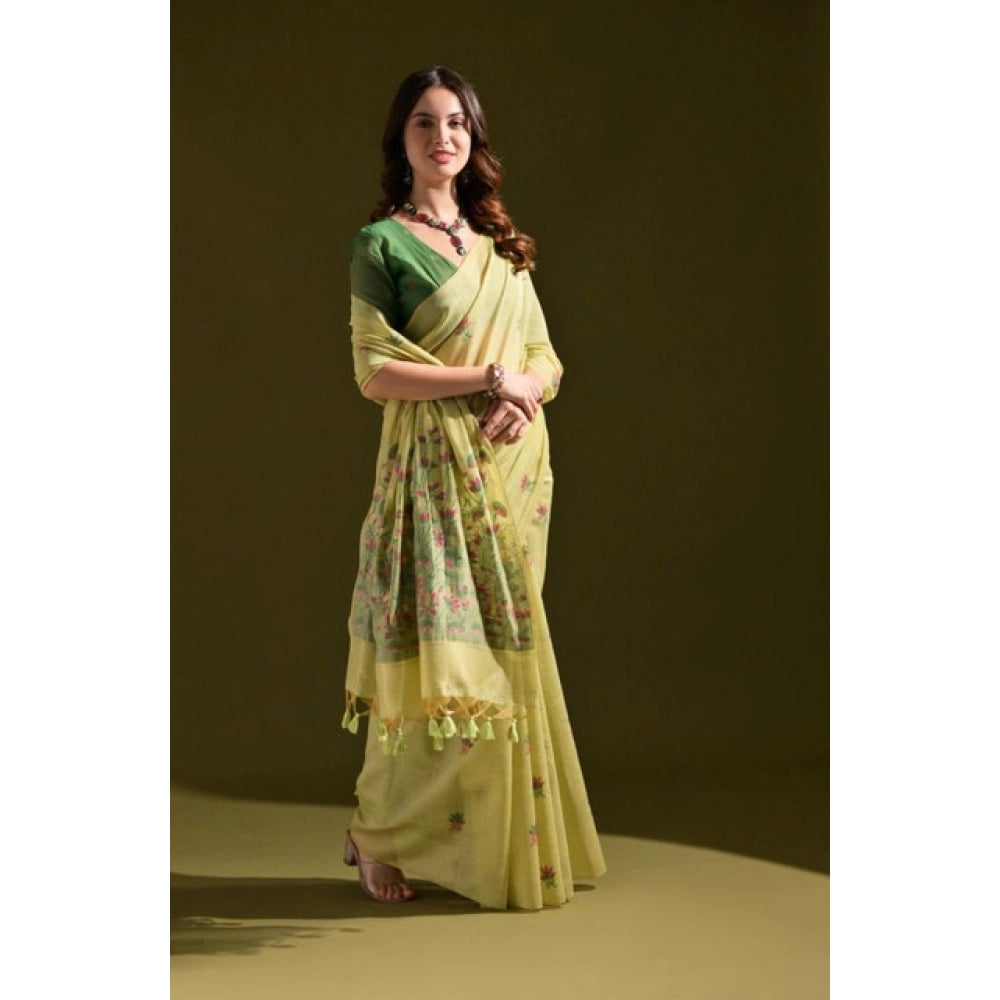 Women's Blended_Cotton Floral Saree With Unstitched Blouse 5.5Mtr (Light_Green)