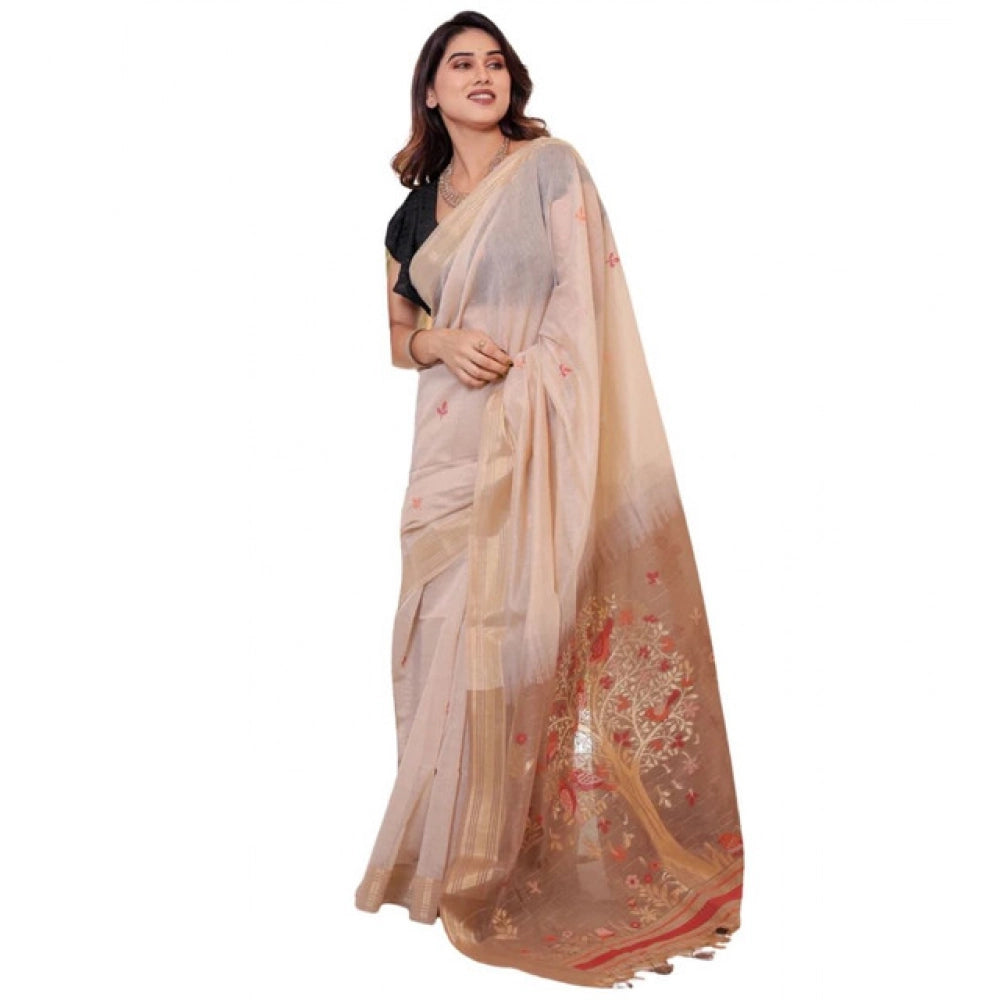 Women's Blended_Cotton Woven_Motifs Saree With Unstitched Blouse 5.5Mtr (Light_Beige)