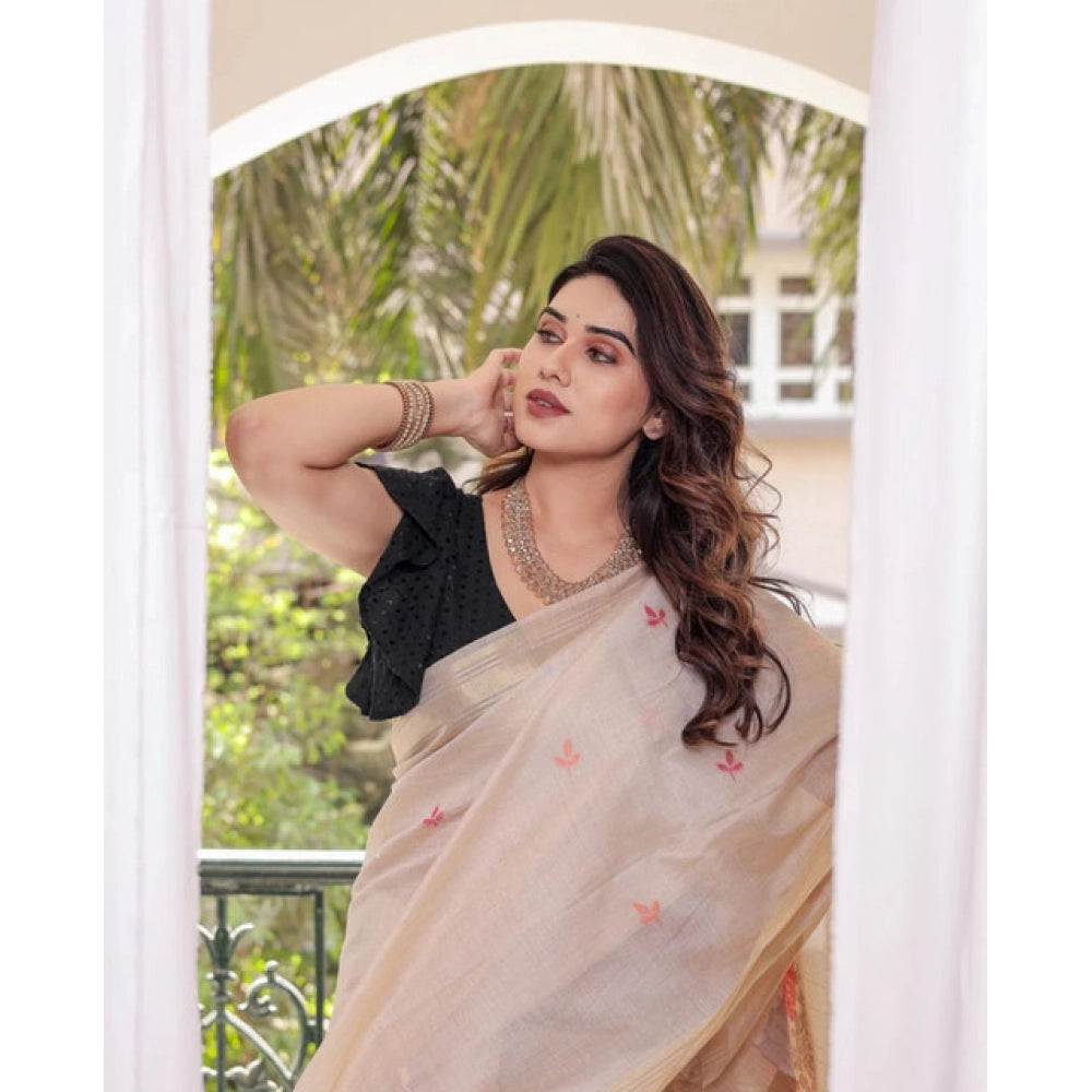 Women's Blended_Cotton Woven_Motifs Saree With Unstitched Blouse 5.5Mtr (Light_Beige)