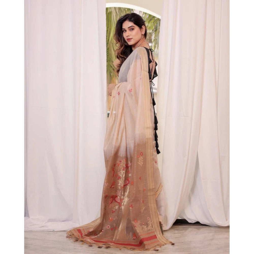 Women's Blended_Cotton Woven_Motifs Saree With Unstitched Blouse 5.5Mtr (Light_Beige)