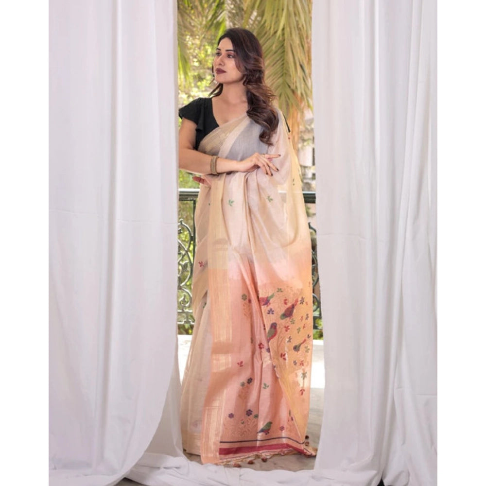 Women's Blended_Cotton Woven_Motifs Saree With Unstitched Blouse 5.5Mtr (Peach)