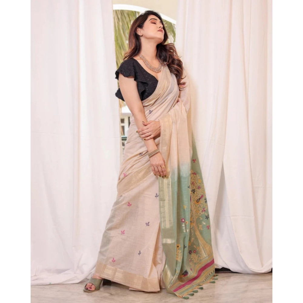 Women's Blended_Cotton Woven_Motifs Saree With Unstitched Blouse 5.5Mtr (Rama_Green)