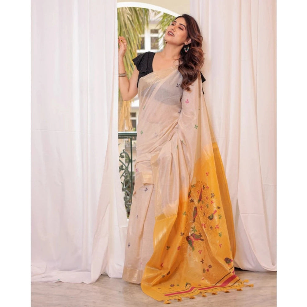 Women's Blended_Cotton Woven_Motifs Saree With Unstitched Blouse 5.5Mtr (Yellow)