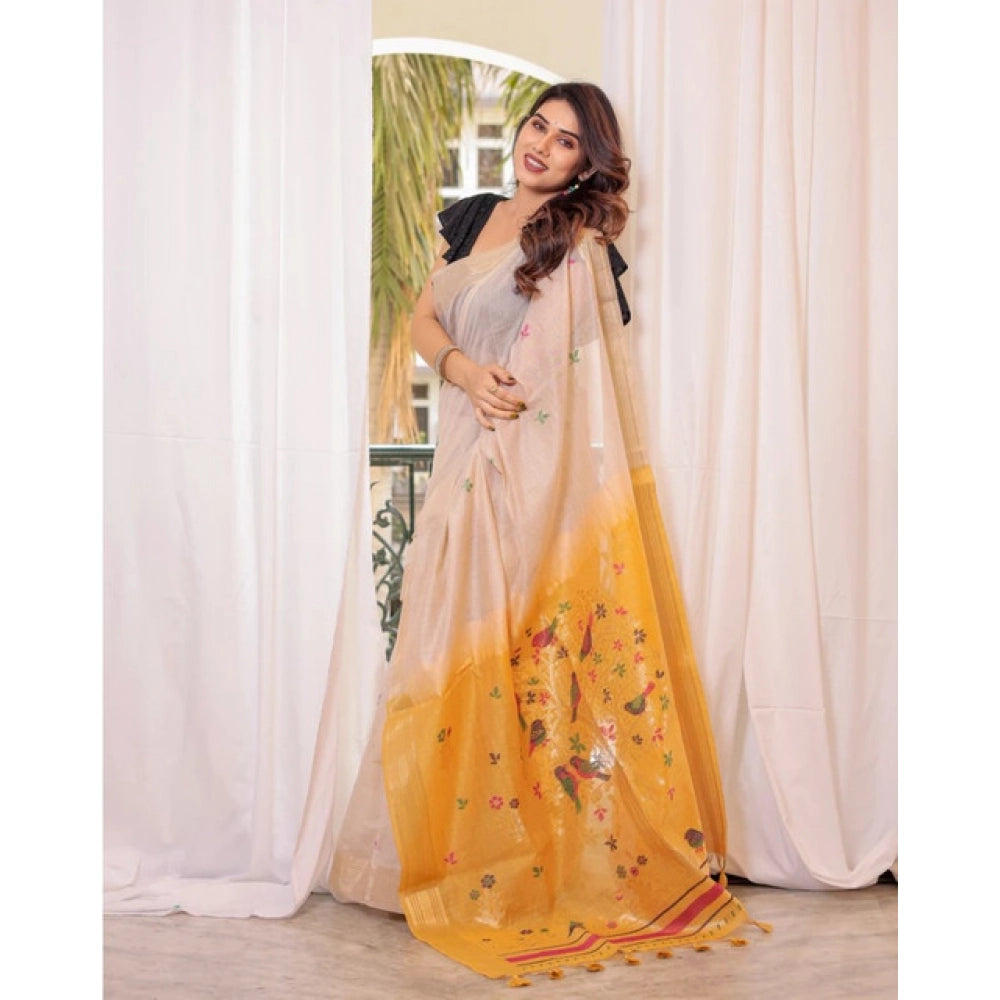 Women's Blended_Cotton Woven_Motifs Saree With Unstitched Blouse 5.5Mtr (Yellow)