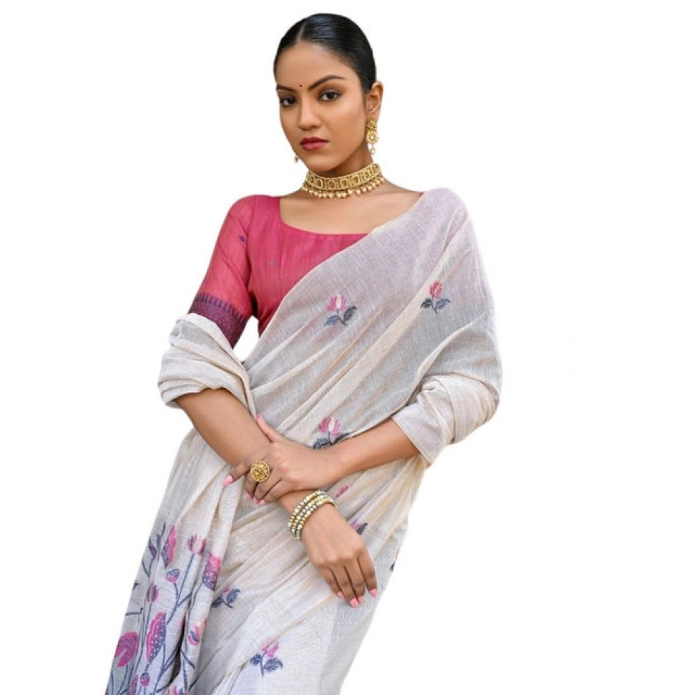 Women's Blended_Cotton Floral Weaving Pattern Saree With Unstitched Blouse 5.5Mtr (Blue)