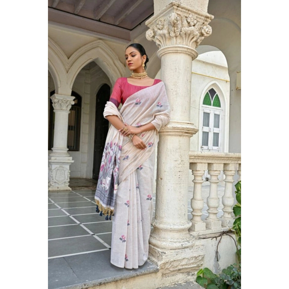 Women's Blended_Cotton Floral Weaving Pattern Saree With Unstitched Blouse 5.5Mtr (Blue)