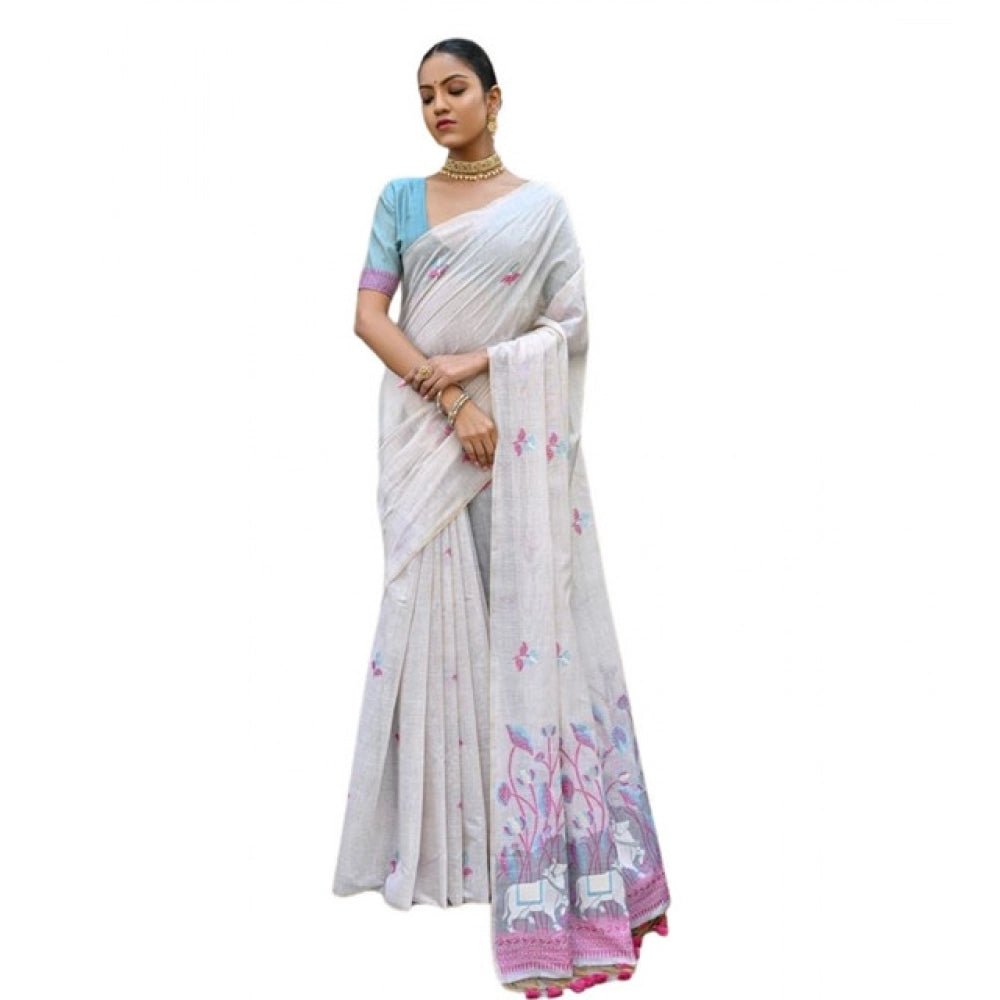 Women's Blended_Cotton Floral Weaving Pattern Saree With Unstitched Blouse 5.5Mtr (Pink)