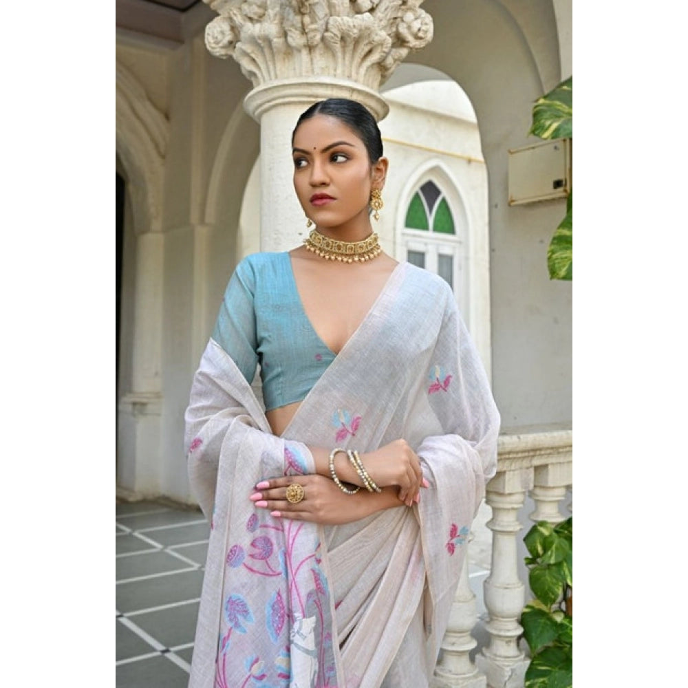 Women's Blended_Cotton Floral Weaving Pattern Saree With Unstitched Blouse 5.5Mtr (Pink)