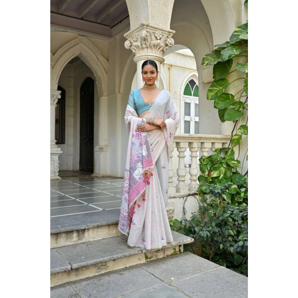 Women's Blended_Cotton Floral Weaving Pattern Saree With Unstitched Blouse 5.5Mtr (Pink)
