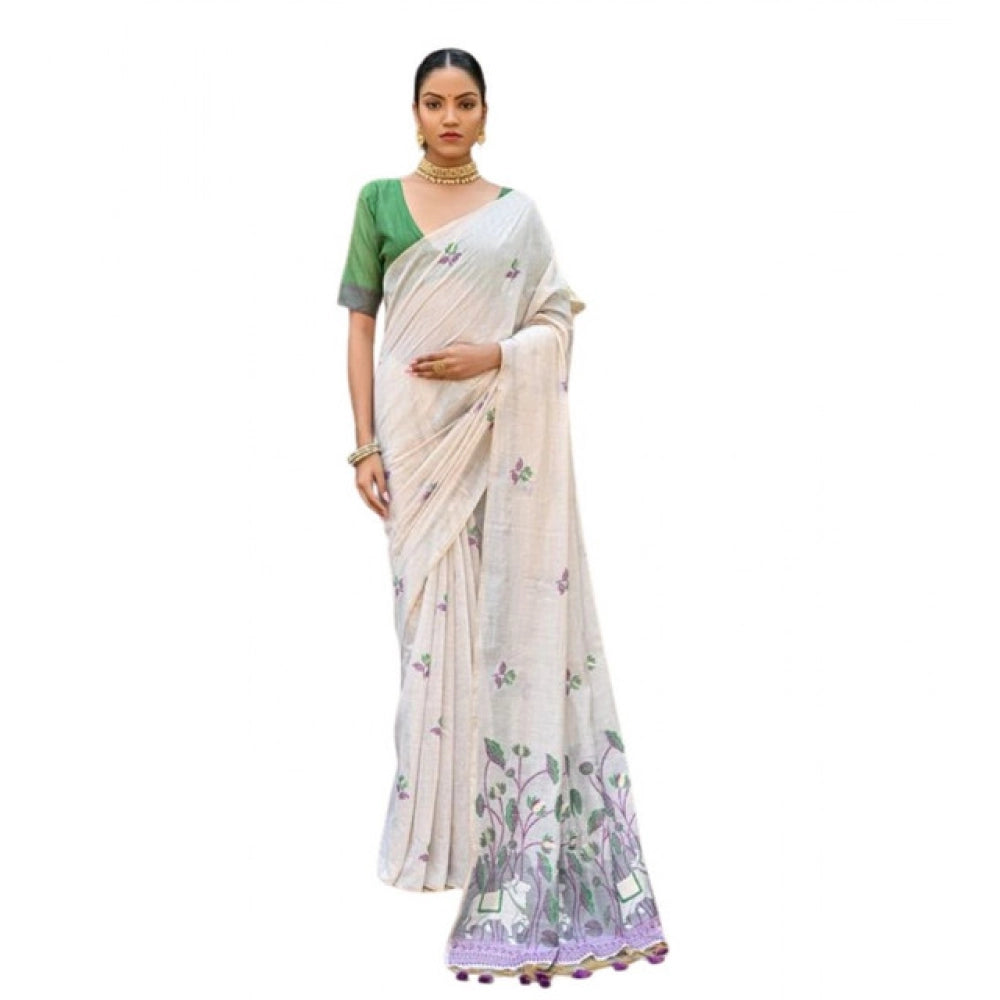 Women's Blended_Cotton Floral Weaving Pattern Saree With Unstitched Blouse 5.5Mtr (Purple)