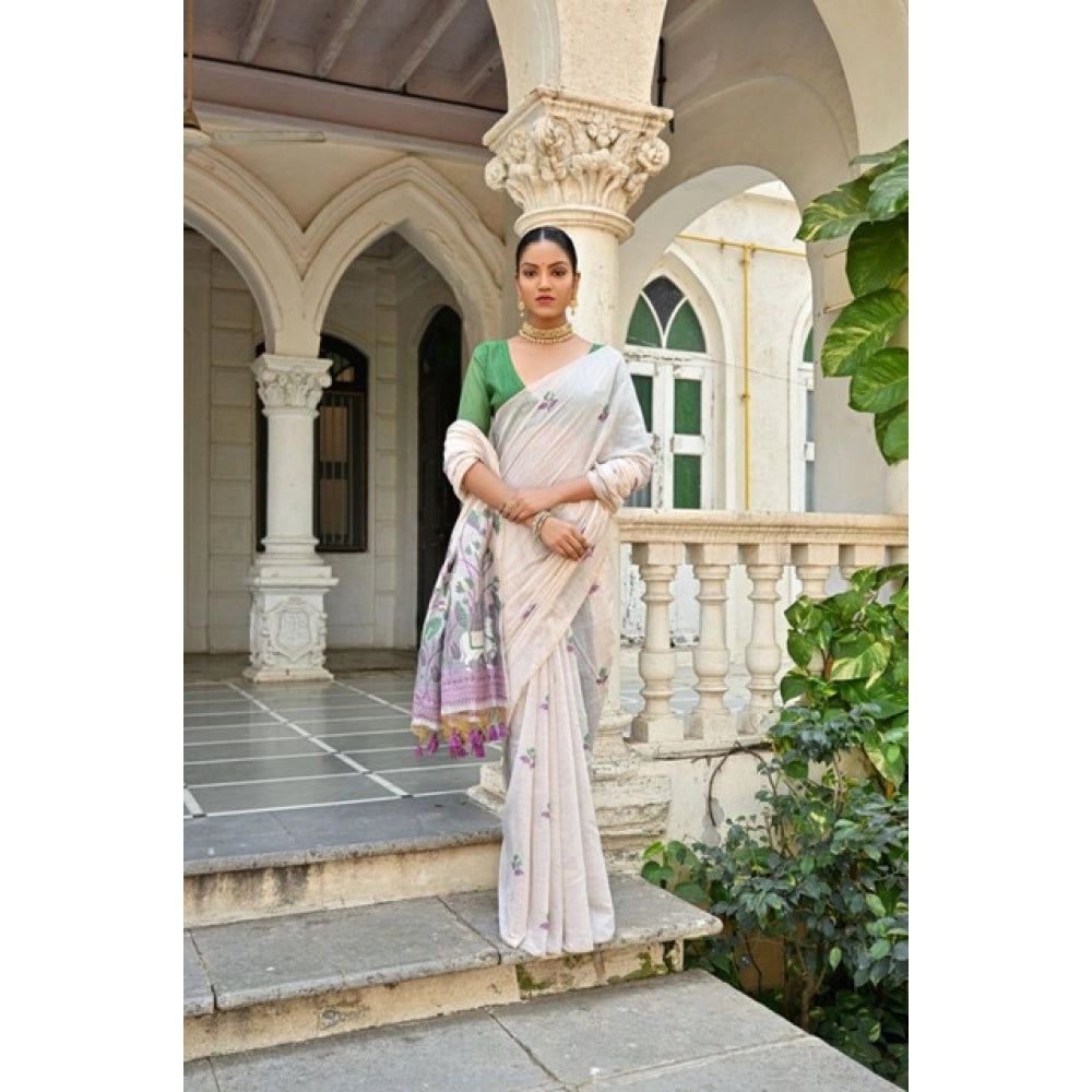 Women's Blended_Cotton Floral Weaving Pattern Saree With Unstitched Blouse 5.5Mtr (Purple)