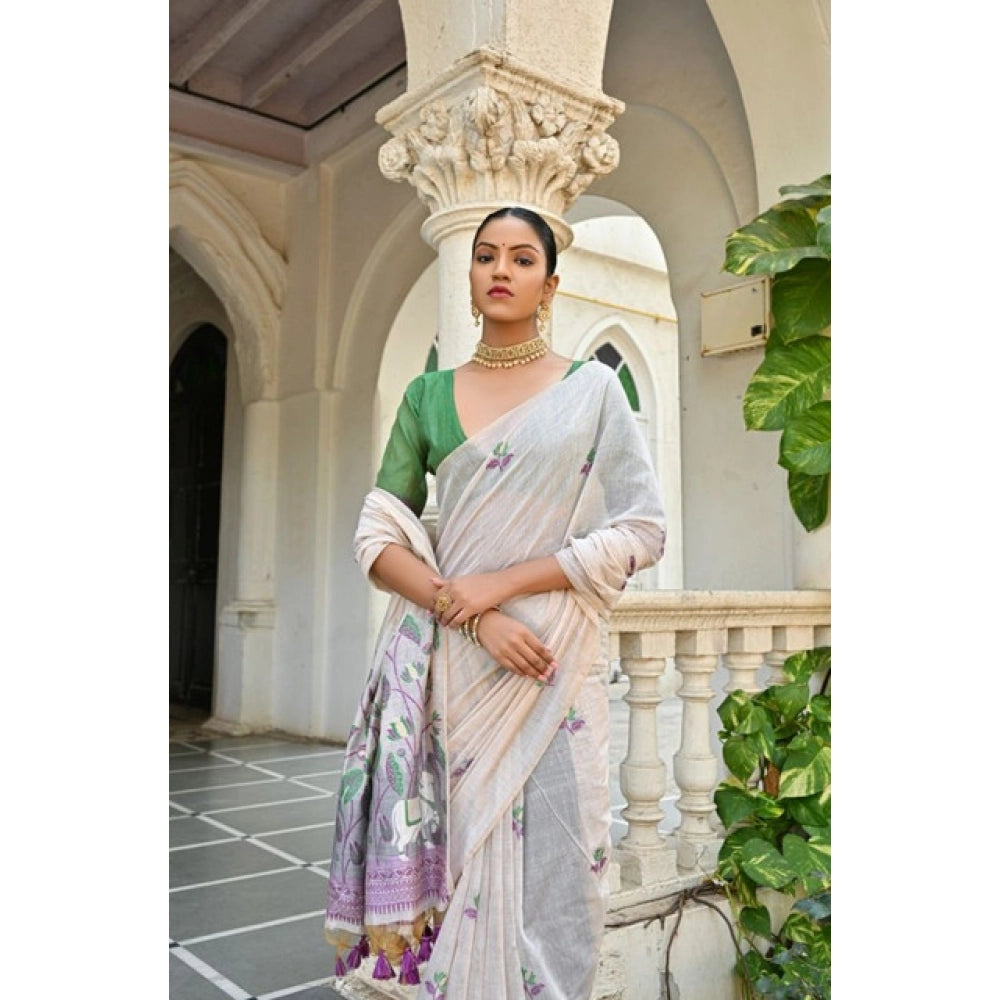 Women's Blended_Cotton Floral Weaving Pattern Saree With Unstitched Blouse 5.5Mtr (Purple)