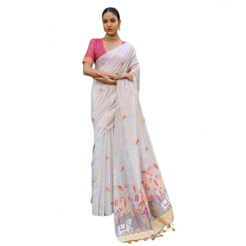 Women's Blended_Cotton Floral Weaving Pattern Saree With Unstitched Blouse 5.5Mtr (Yellow)