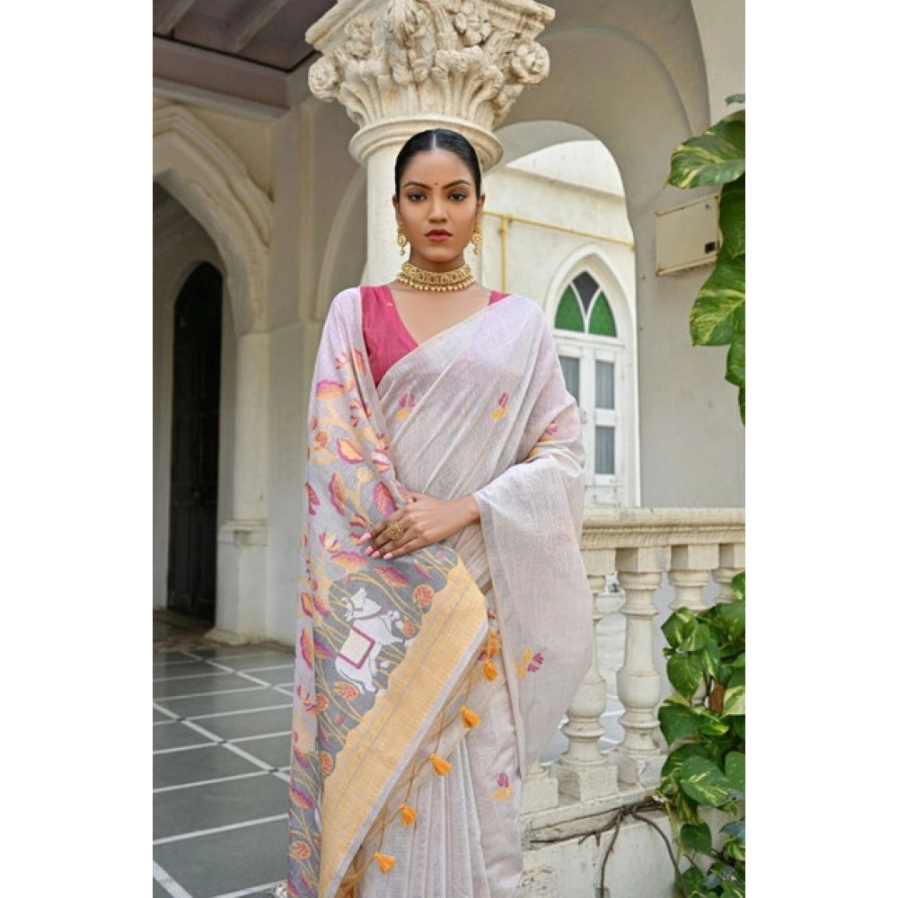 Women's Blended_Cotton Floral Weaving Pattern Saree With Unstitched Blouse 5.5Mtr (Yellow)