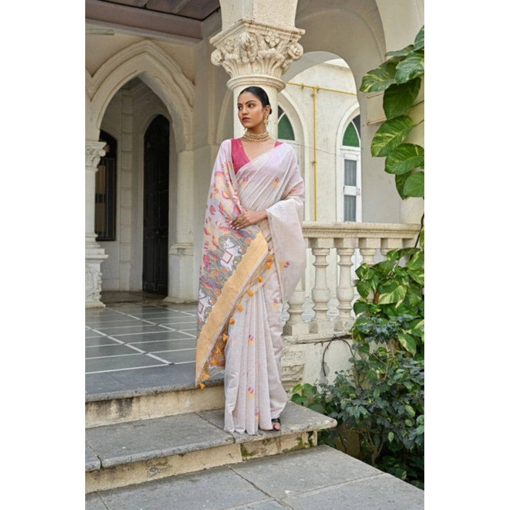 Women's Blended_Cotton Floral Weaving Pattern Saree With Unstitched Blouse 5.5Mtr (Yellow)