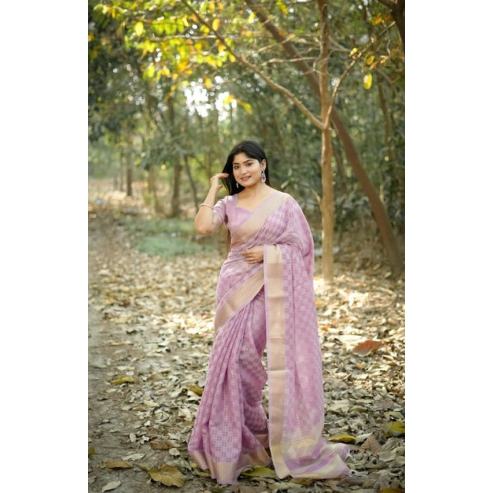 Women's Silk_Blend Checked Saree With Unstitched Blouse 5.5Mtr (Lavender)