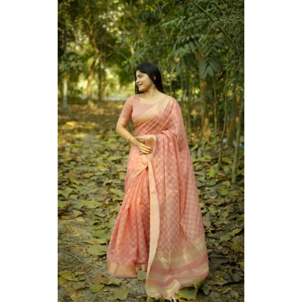 Women's Silk_Blend Checked Saree With Unstitched Blouse 5.5Mtr (Peach)