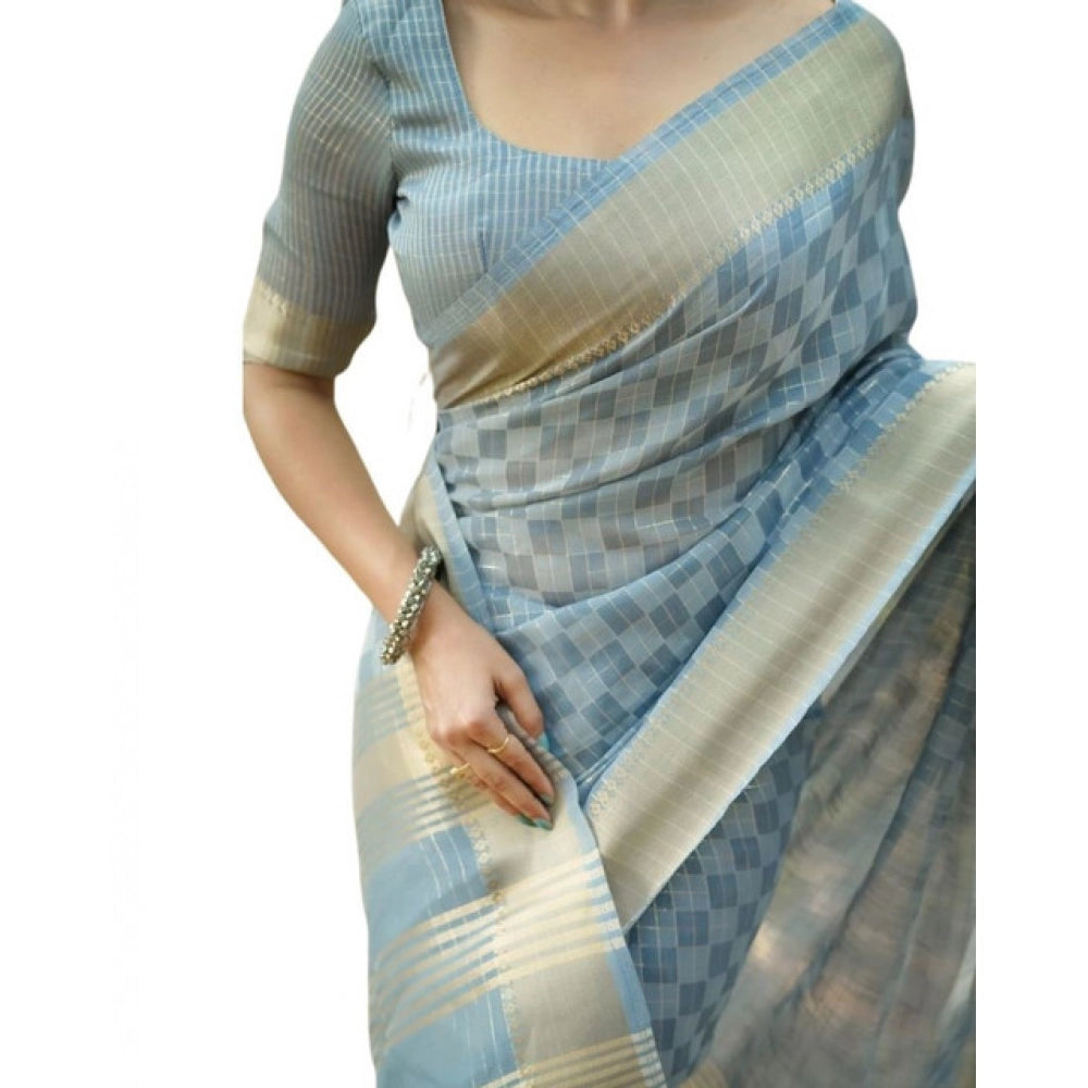 Women's Silk_Blend Checked Saree With Unstitched Blouse 5.5Mtr (Sky_Blue)