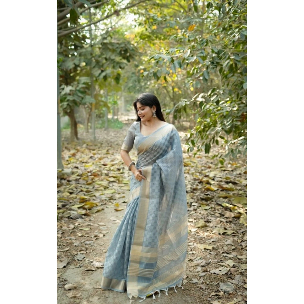Women's Silk_Blend Checked Saree With Unstitched Blouse 5.5Mtr (Sky_Blue)
