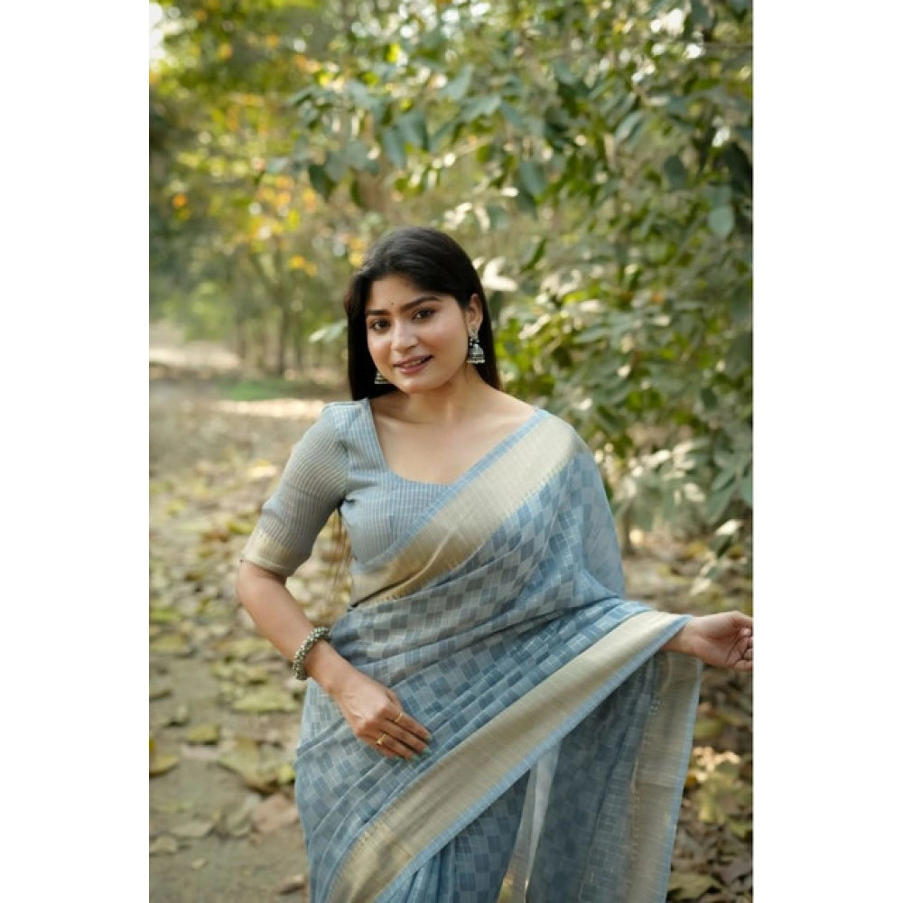 Women's Silk_Blend Checked Saree With Unstitched Blouse 5.5Mtr (Sky_Blue)