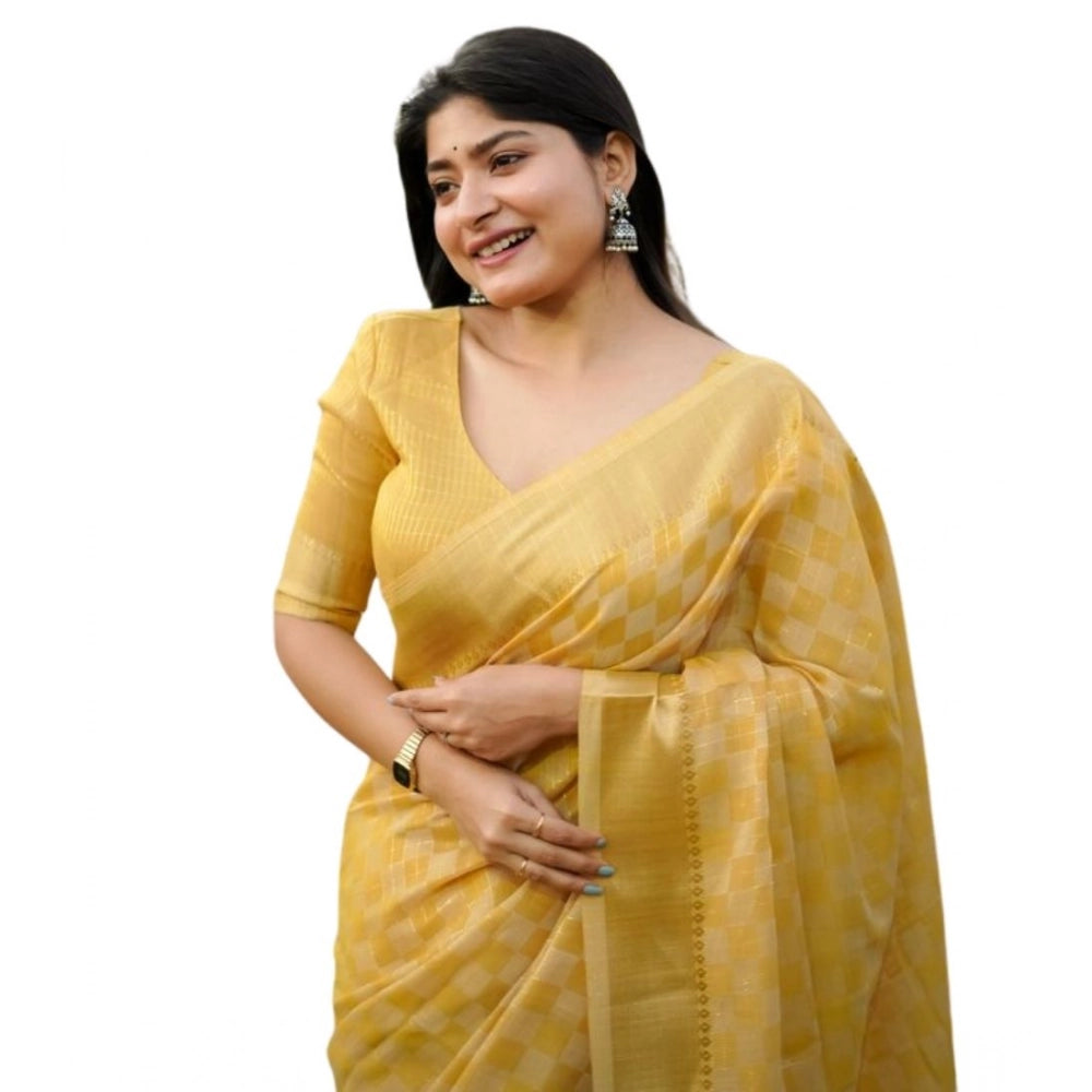 Women's Silk_Blend Checked Saree With Unstitched Blouse 5.5Mtr (Yellow)