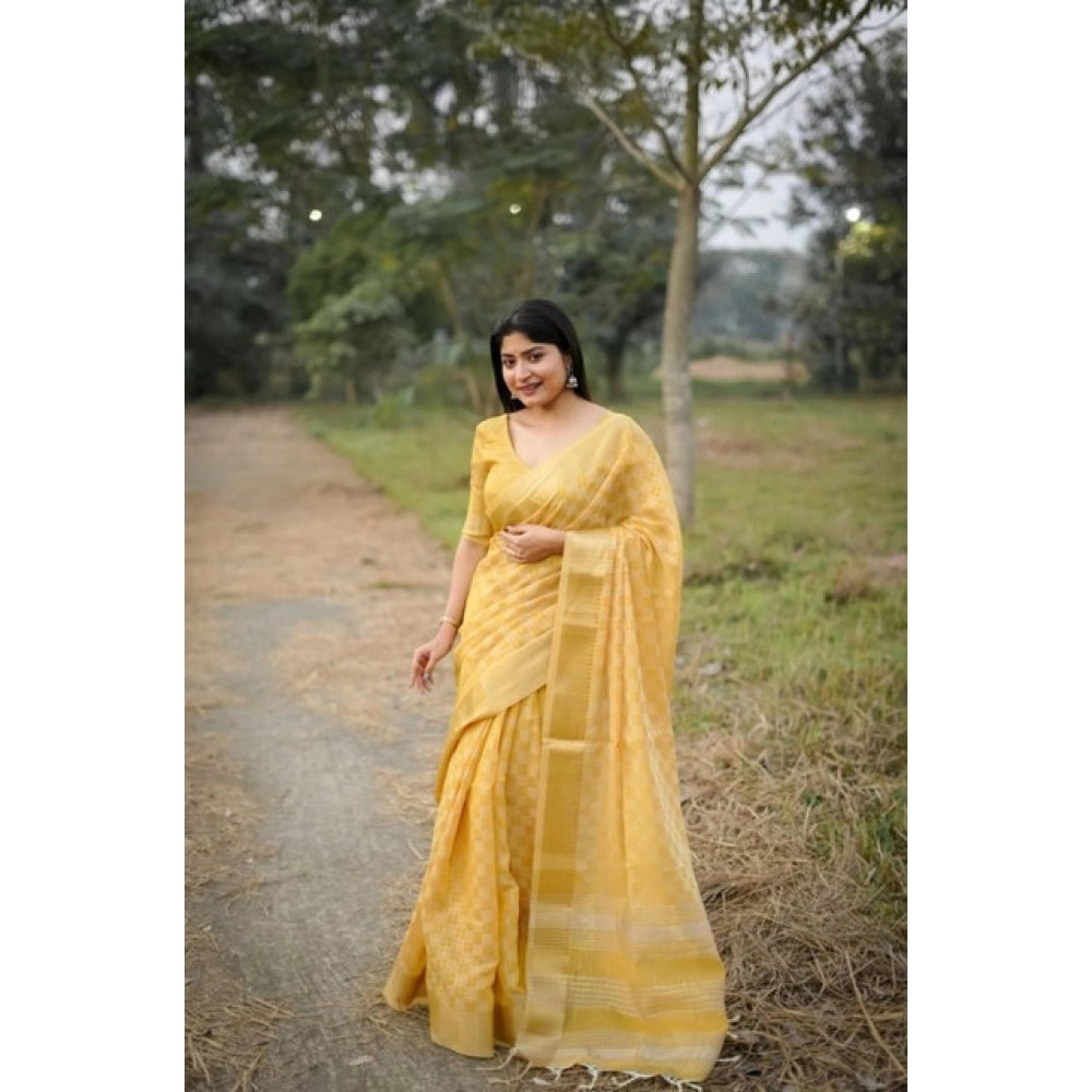 Women's Silk_Blend Checked Saree With Unstitched Blouse 5.5Mtr (Yellow)