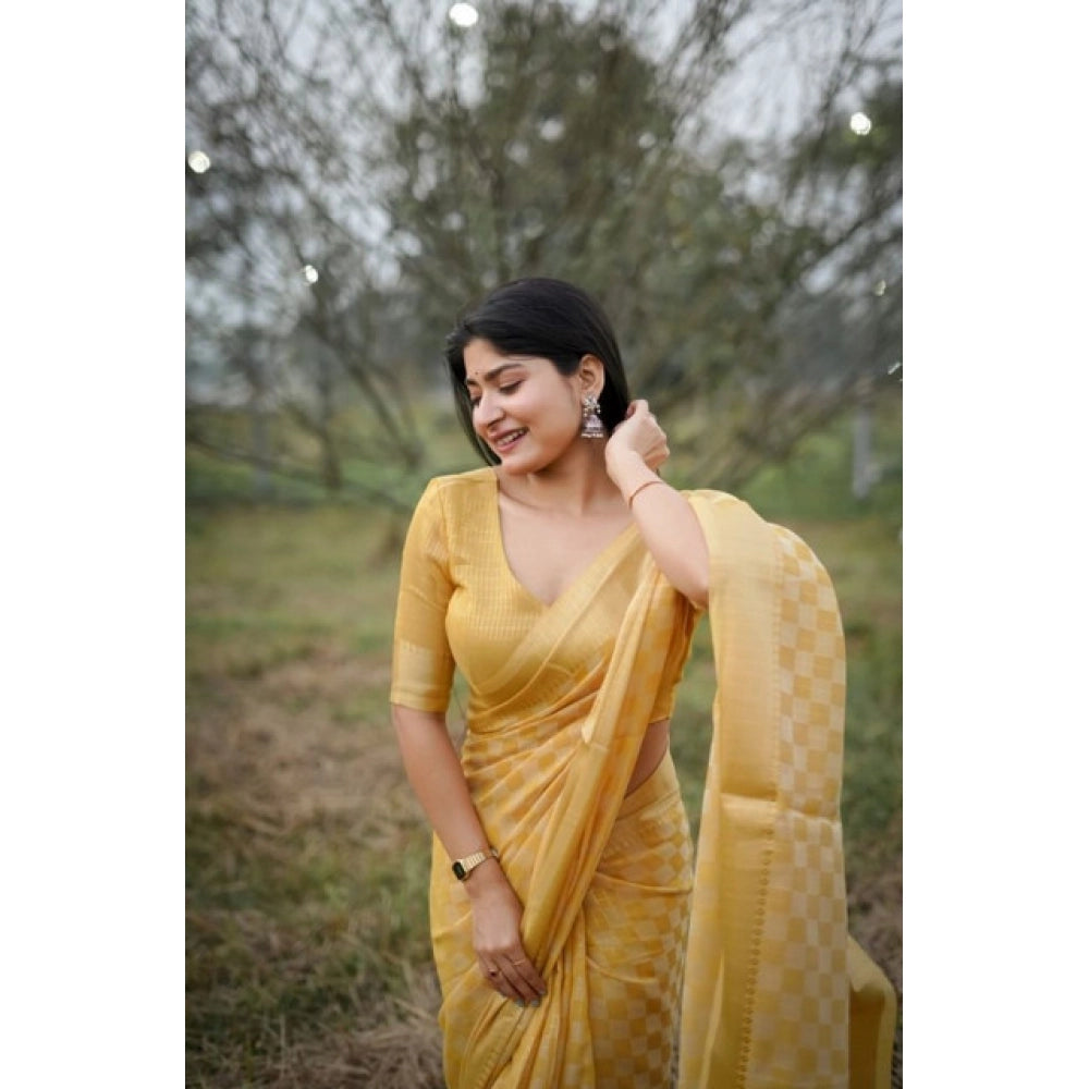 Women's Silk_Blend Checked Saree With Unstitched Blouse 5.5Mtr (Yellow)