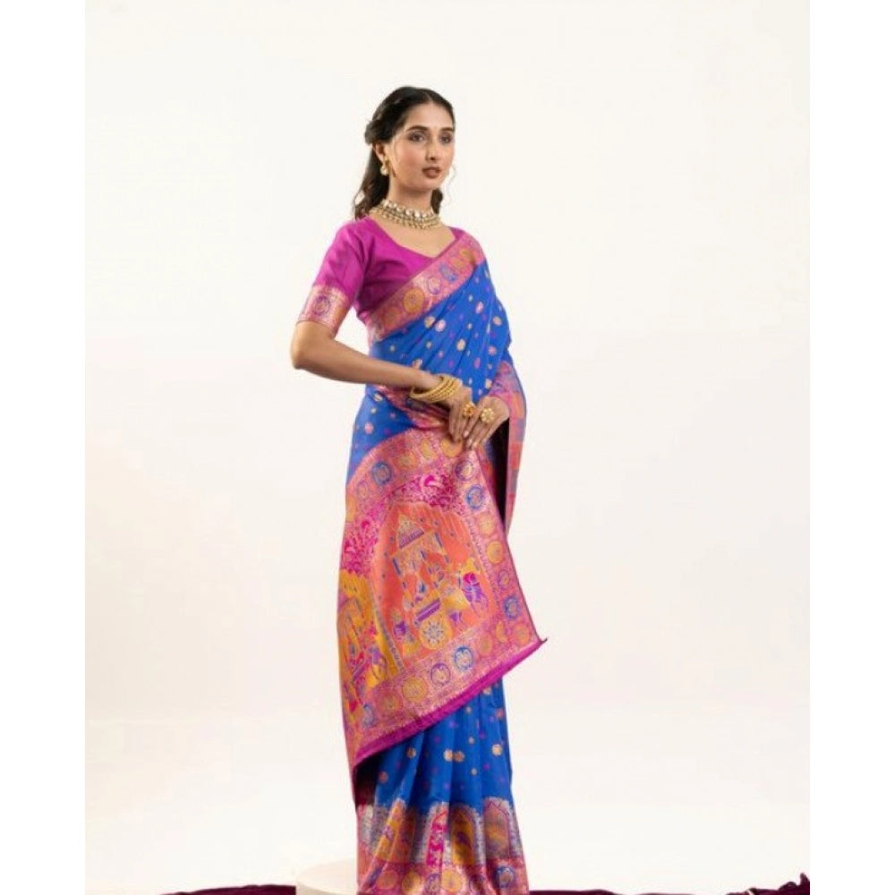 Women's Faux_Banarasi Woven Motifs Saree With Unstitched Blouse 5.5Mtr (Royal_Blue)