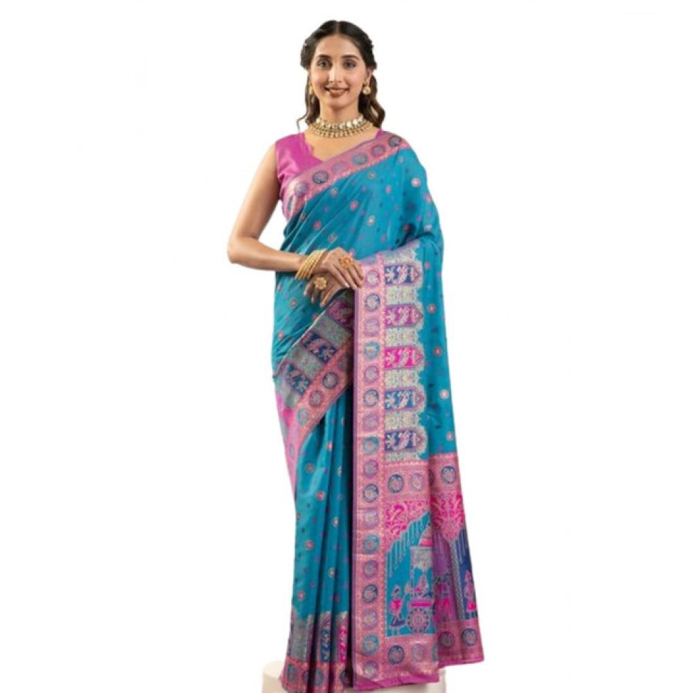 Women's Faux_Banarasi Woven Motifs Saree With Unstitched Blouse 5.5Mtr (Teal)
