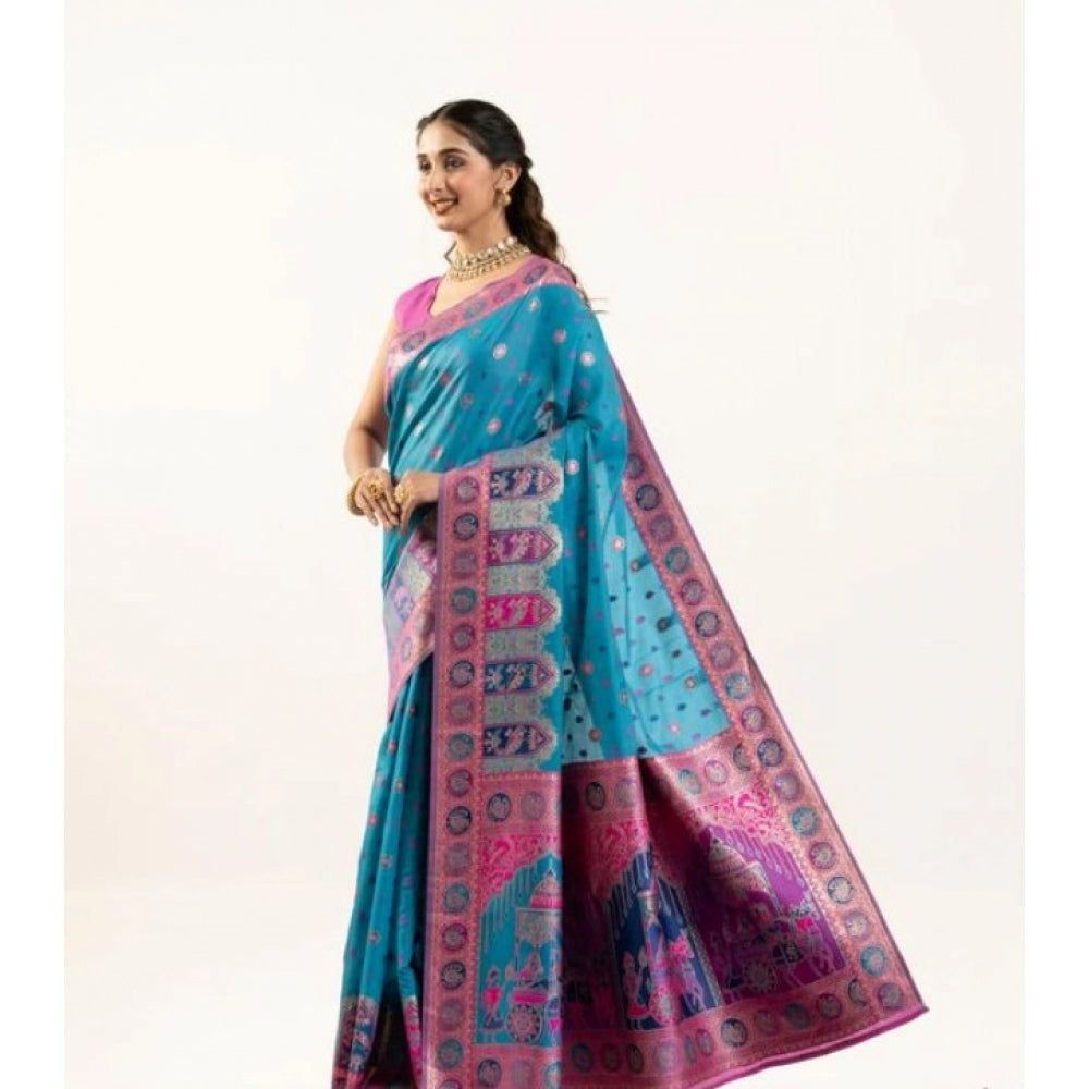 Women's Faux_Banarasi Woven Motifs Saree With Unstitched Blouse 5.5Mtr (Teal)