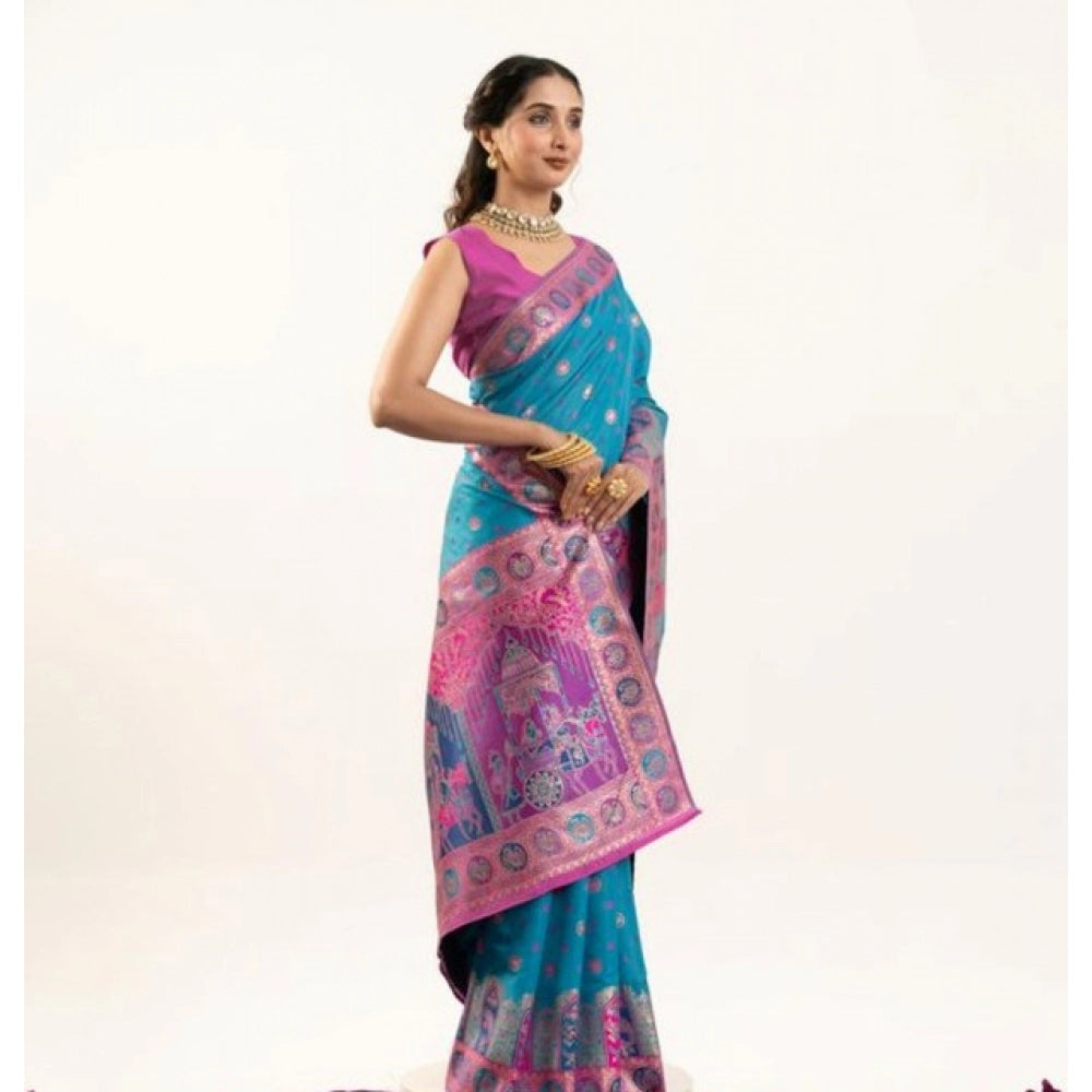 Women's Faux_Banarasi Woven Motifs Saree With Unstitched Blouse 5.5Mtr (Teal)