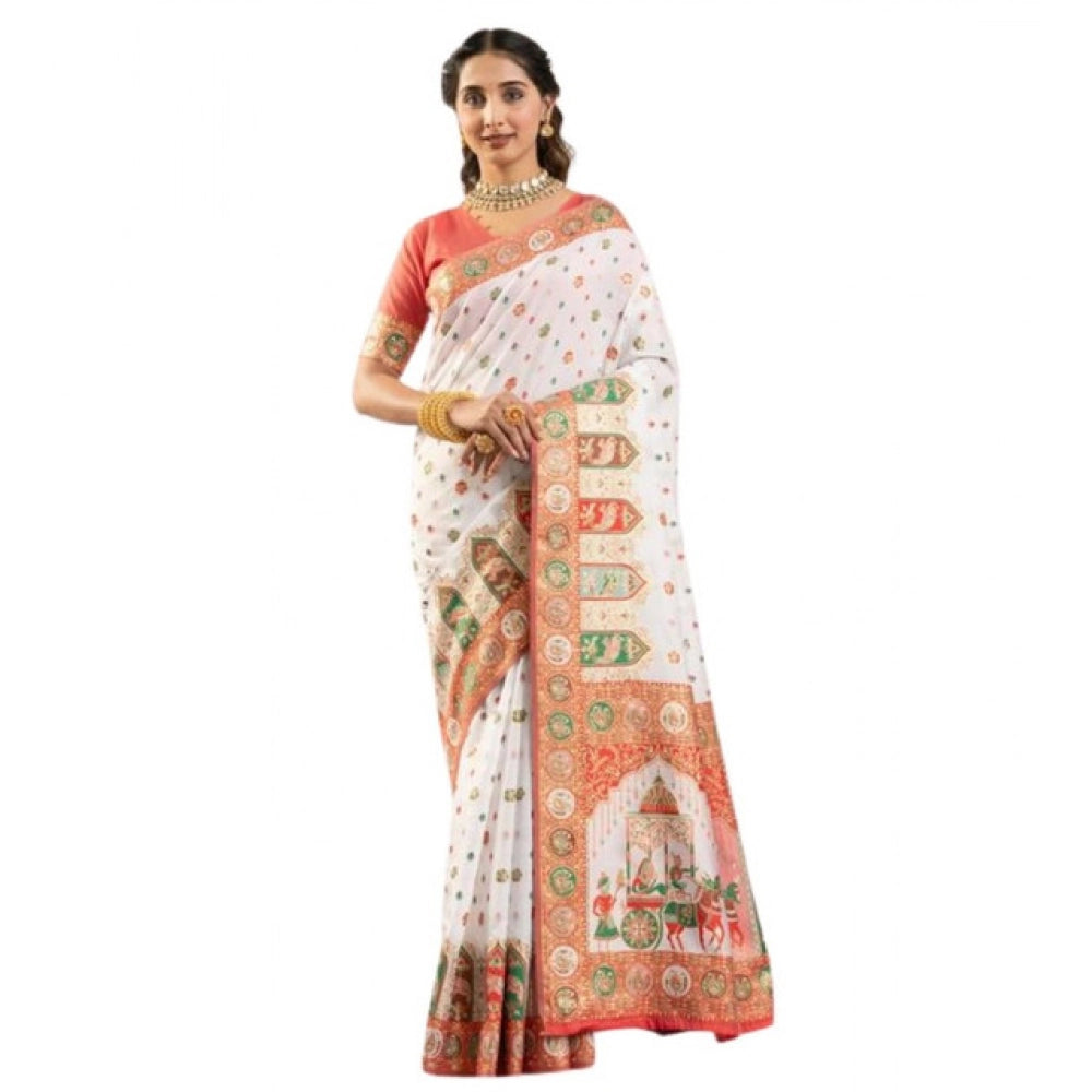 Women's Faux_Banarasi Woven Motifs Saree With Unstitched Blouse 5.5Mtr (White)