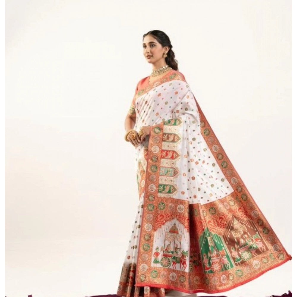 Women's Faux_Banarasi Woven Motifs Saree With Unstitched Blouse 5.5Mtr (White)