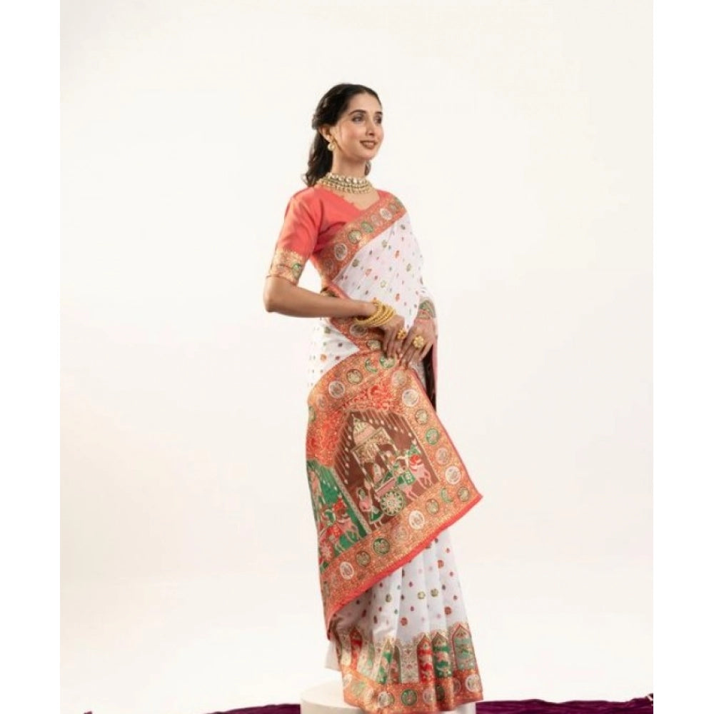 Women's Faux_Banarasi Woven Motifs Saree With Unstitched Blouse 5.5Mtr (White)