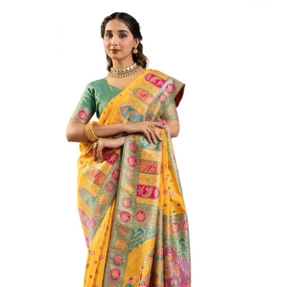 Women's Faux_Banarasi Woven Motifs Saree With Unstitched Blouse 5.5Mtr (Yellow)
