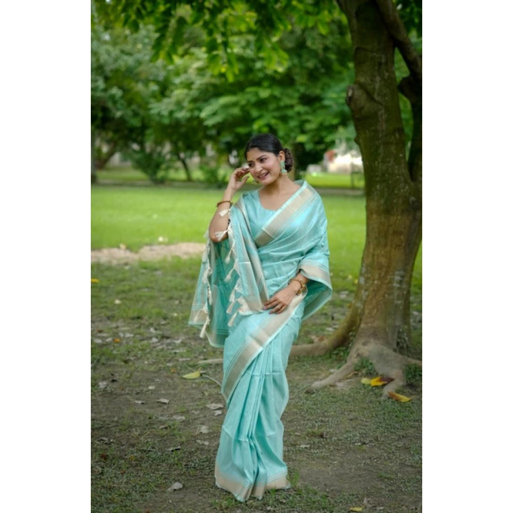 Women's Faux_Banarasi Lining Pattern Saree With Unstitched Blouse 5.5Mtr (Light_Aqua_Blue)