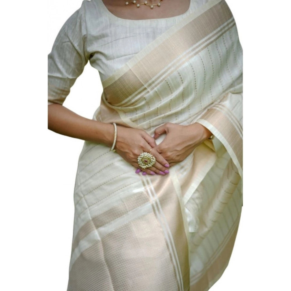 Women's Faux_Banarasi Lining Pattern Saree With Unstitched Blouse 5.5Mtr (Off_White)