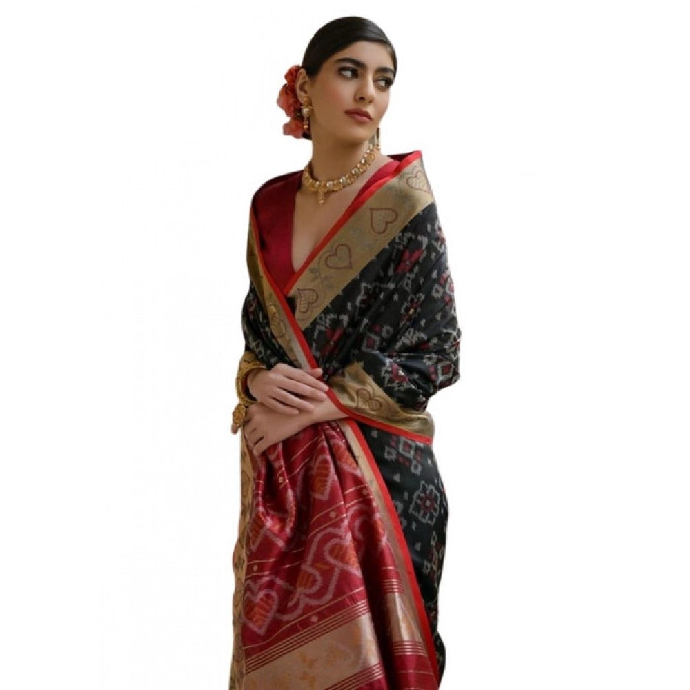Women's Silk_Blend Ethnic Ikat Pattern Saree With Unstitched Blouse 5.5Mtr (Black)