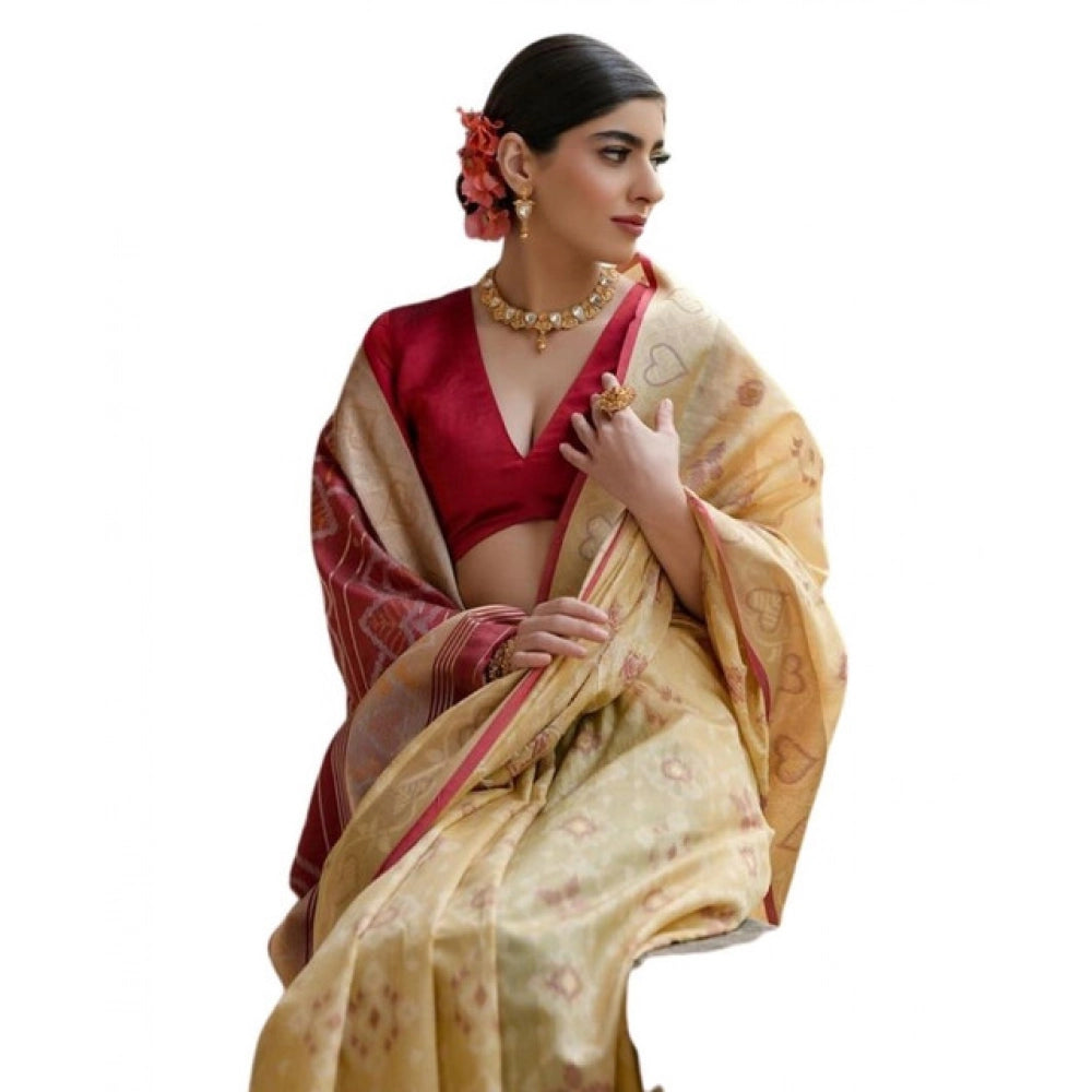 Women's Silk_Blend Ethnic Ikat Pattern Saree With Unstitched Blouse 5.5Mtr (Cream)