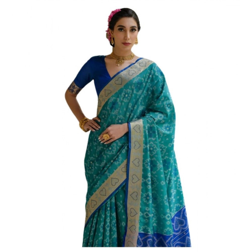 Women's Silk_Blend Ethnic Ikat Pattern Saree With Unstitched Blouse 5.5Mtr (Teal)