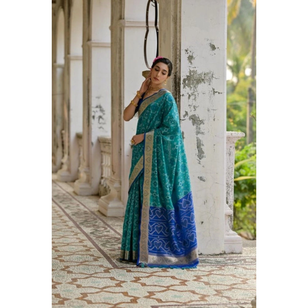 Women's Silk_Blend Ethnic Ikat Pattern Saree With Unstitched Blouse 5.5Mtr (Teal)