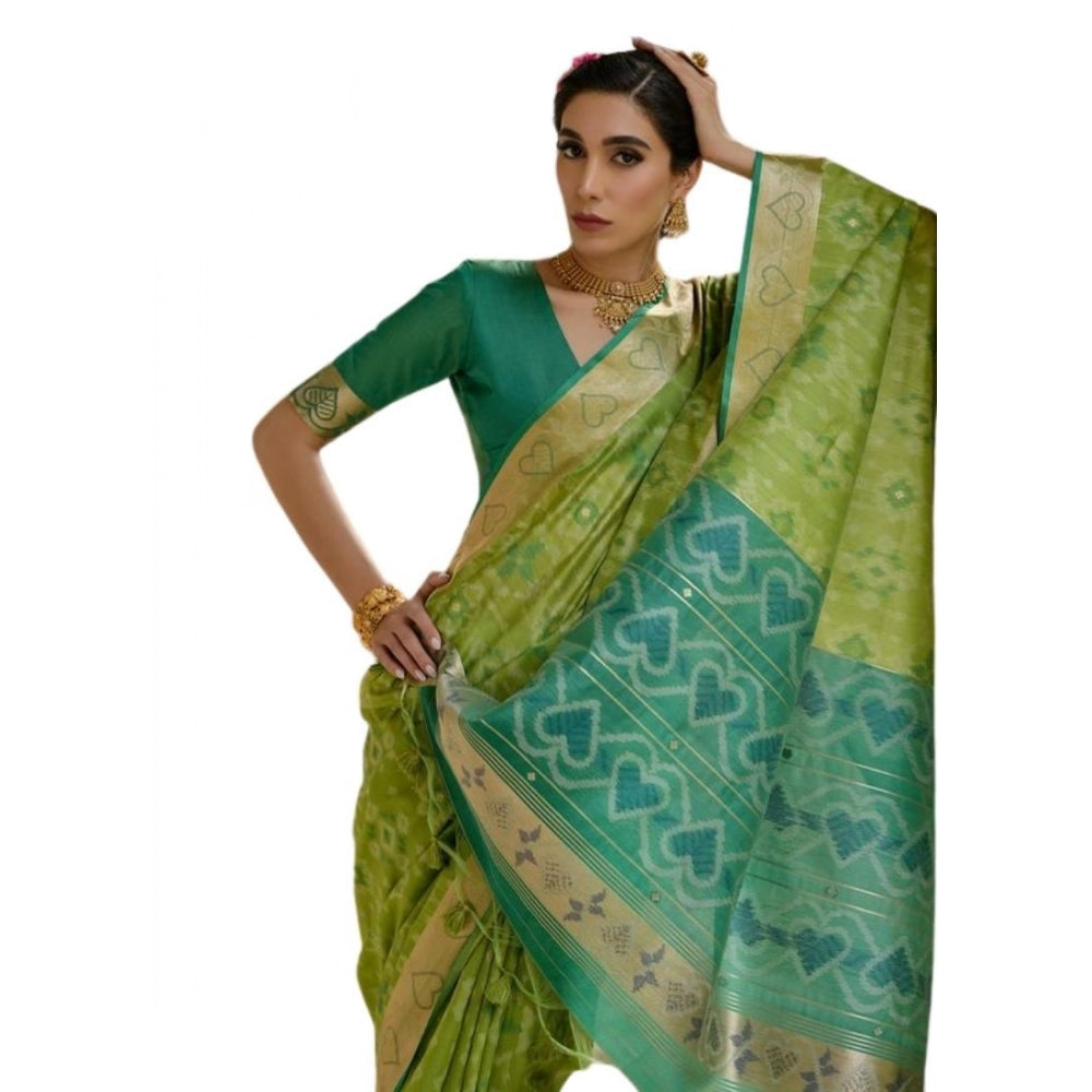 Women's Silk_Blend Ethnic Ikat Pattern Saree With Unstitched Blouse 5.5Mtr (Light_Green)