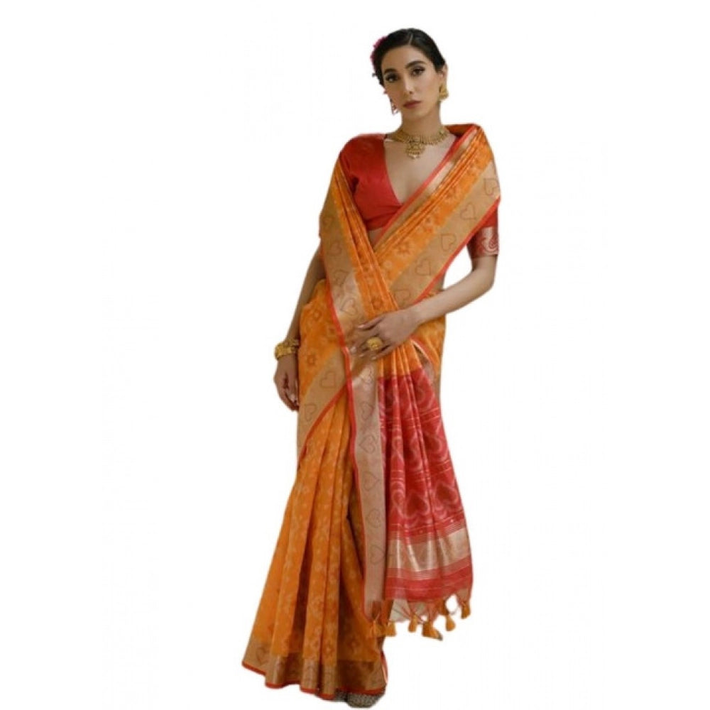 Women's Silk_Blend Ethnic Ikat Pattern Saree With Unstitched Blouse 5.5Mtr (Mustard)