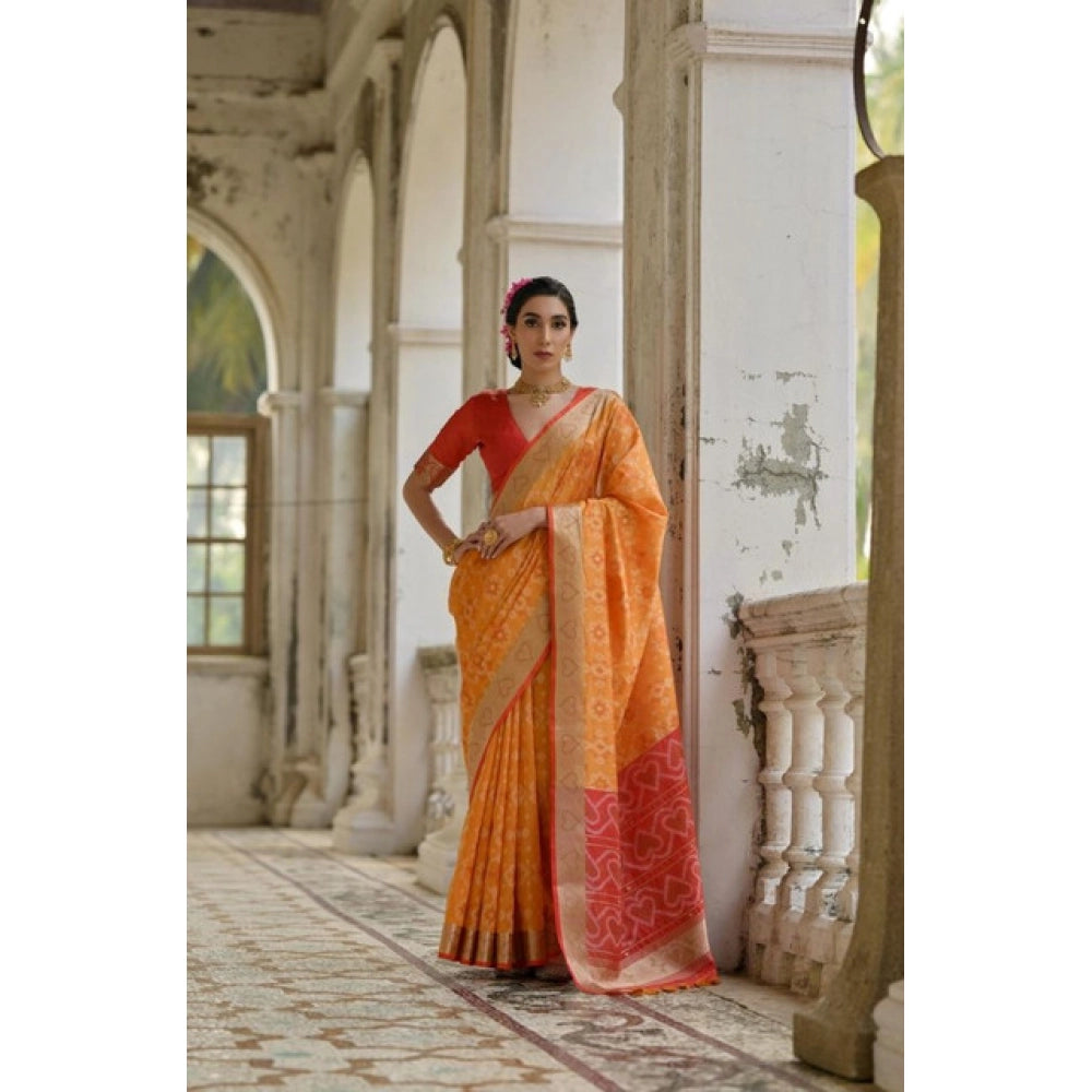 Women's Silk_Blend Ethnic Ikat Pattern Saree With Unstitched Blouse 5.5Mtr (Mustard)
