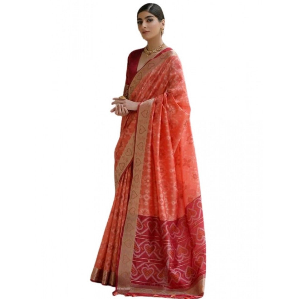 Women's Silk_Blend Ethnic Ikat Pattern Saree With Unstitched Blouse 5.5Mtr (Orange)