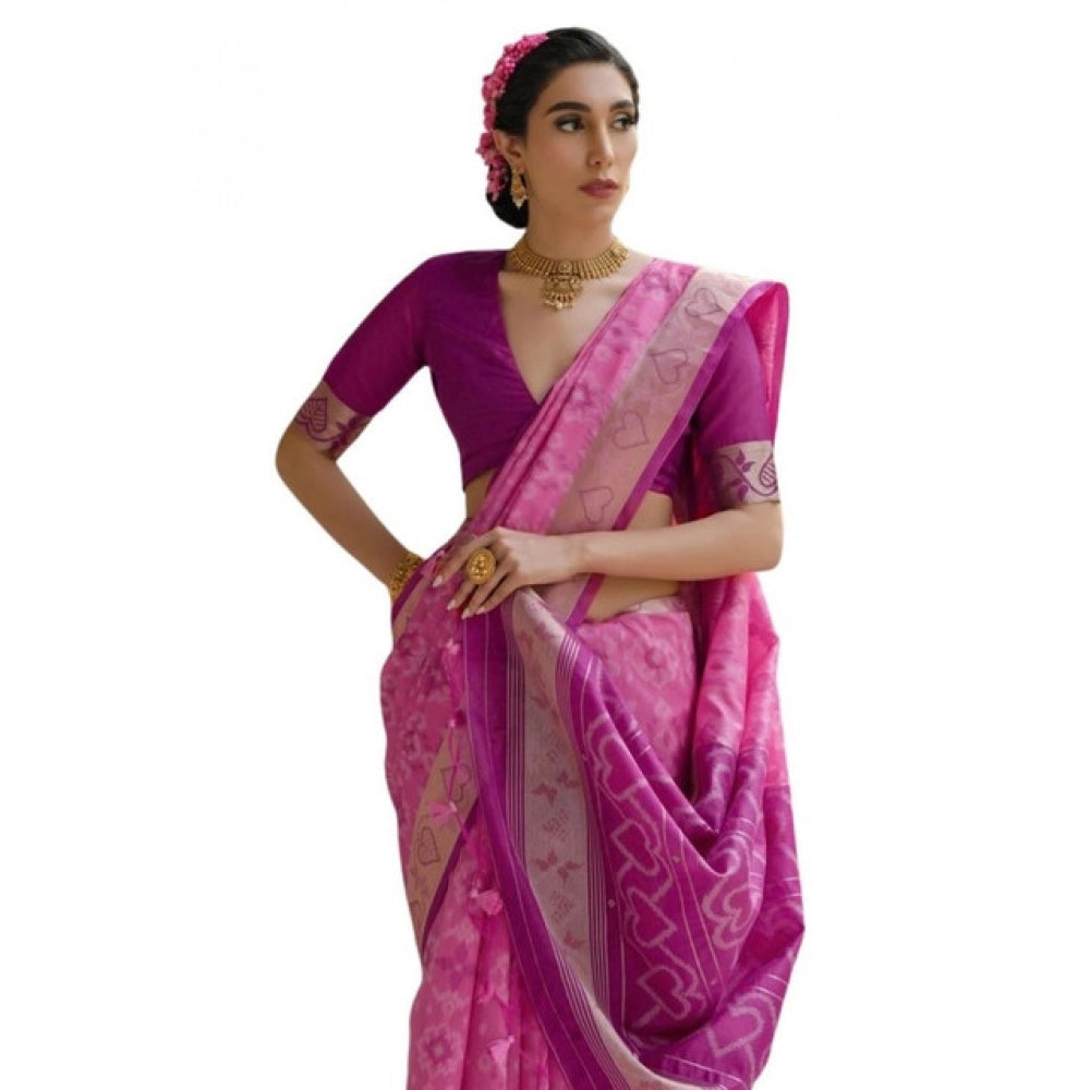 Women's Silk_Blend Ethnic Ikat Pattern Saree With Unstitched Blouse 5.5Mtr (Pink)