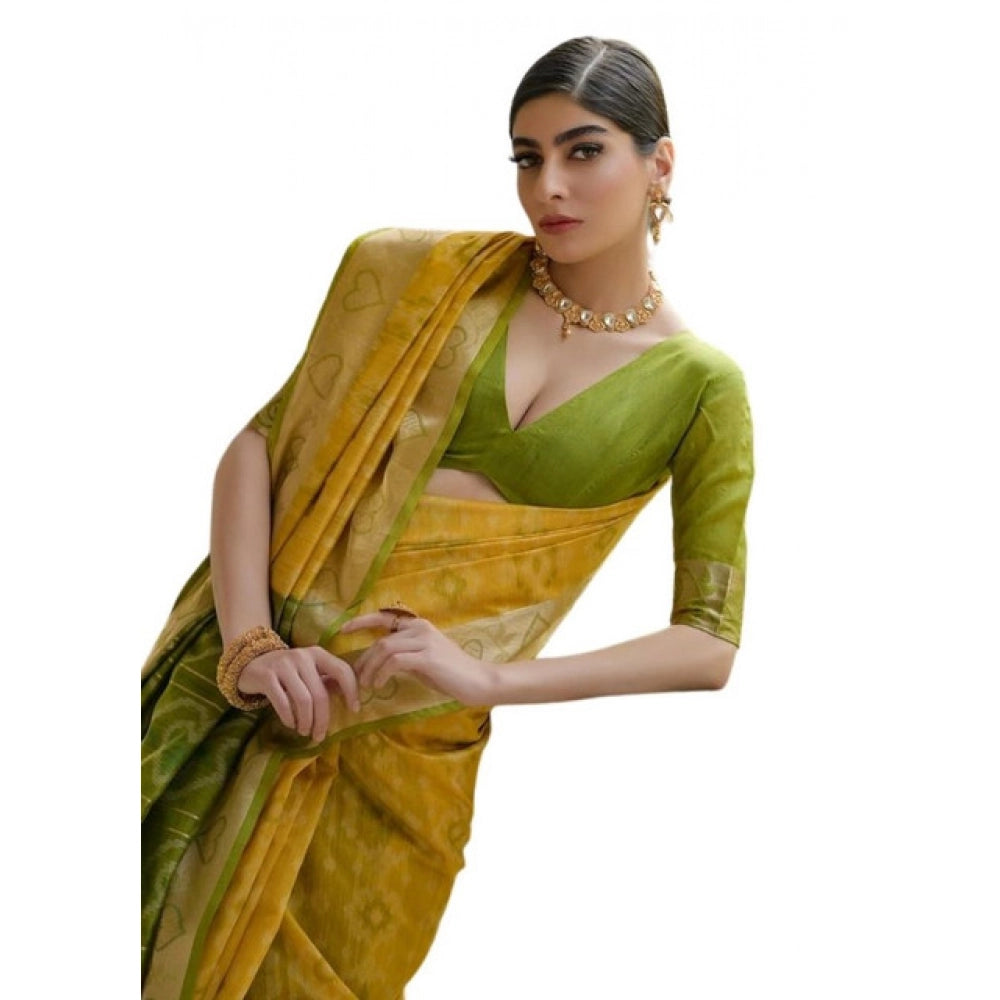 Women's Silk_Blend Ethnic Ikat Pattern Saree With Unstitched Blouse 5.5Mtr (Yellow)